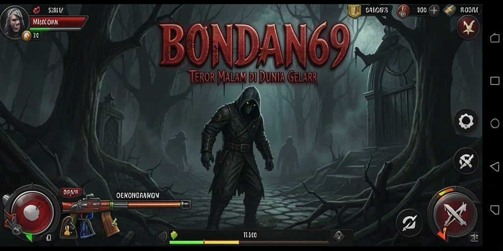 Screenshot gameplay BONDAN69 menampilkan suasana mencekam dan karakter menyeramkan.
