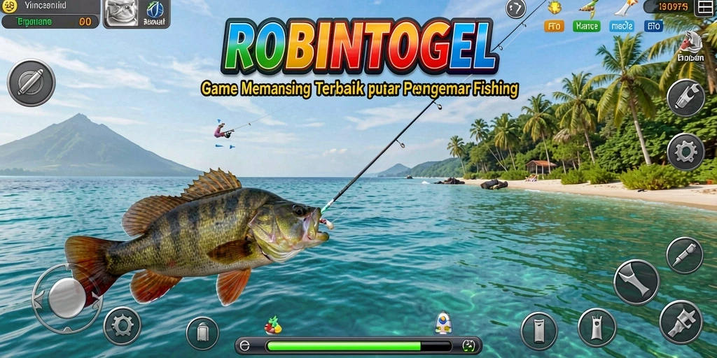 Tampilan gameplay ROBINTOGEL dengan grafis memukau dan aksi memancing.