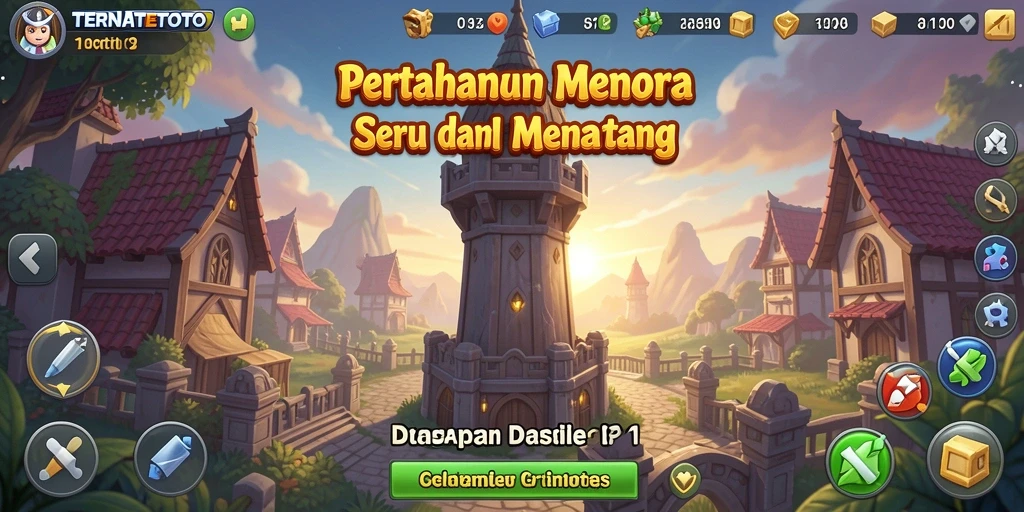Screenshot gameplay menampilkan menara dan serangan musuh di TERNATETOTO.
