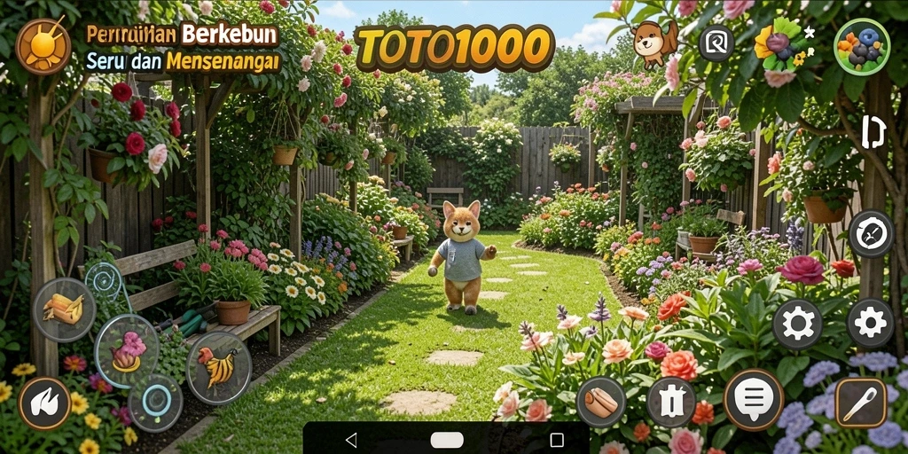 Screenshot gameplay TOTO1000 menunjukkan kebun yang indah dan beragam tanaman.
